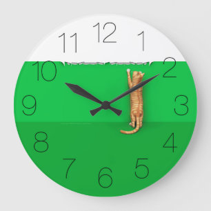 Red tabby cat rips paper round clock