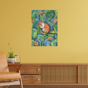 Red Tabby Cat Sleeping Among Blooming Cacti Art Poster
