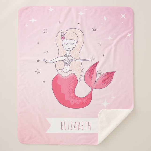 Red Tail Girl Mermaid Stars Sparkle Pink Name Cute Sherpa Blanket (Front)