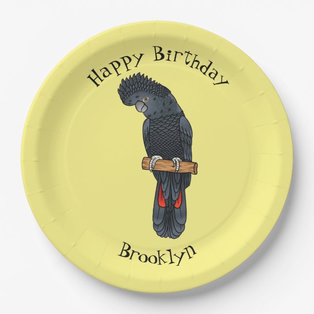 Red-tailed black cockatoo bird cartoon paper plate (Front)