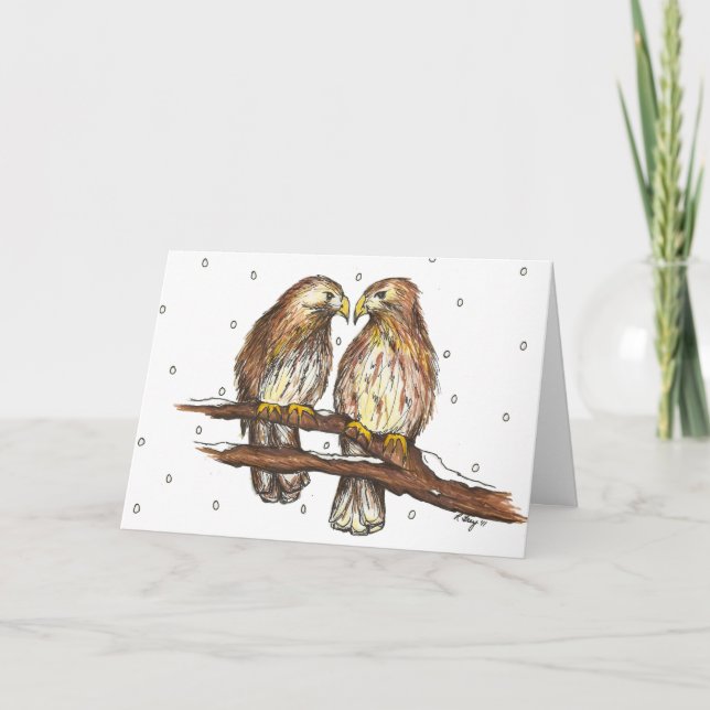Red Tailed Hawk Bird Lovebirds Snow Holiday Winter Card (Front)