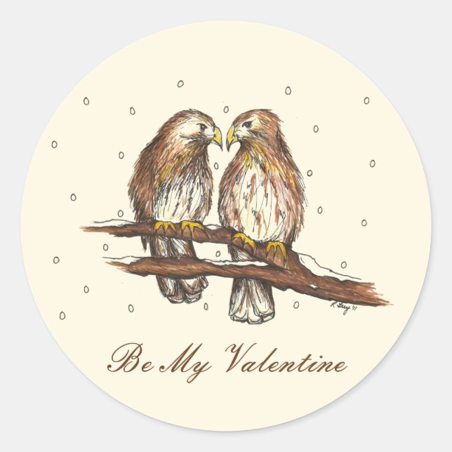 Red-Tailed Hawk Love Birds Be Mine My Valentine Classic Round Sticker (Front)
