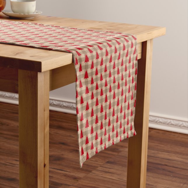 Red Tan Buffalo Plaid Red Christmas Trees Holiday Short Table Runner (In Situ)