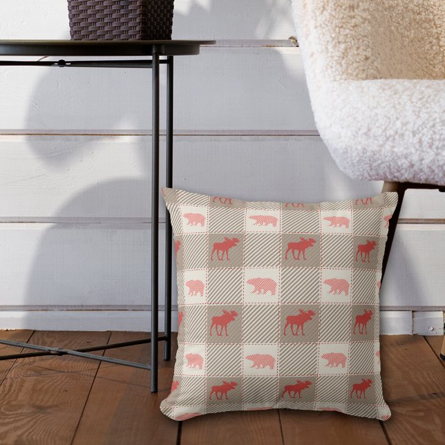 Red Tan Moose Bear Cabin Pattern Throw Pillow (Creator Uploaded)