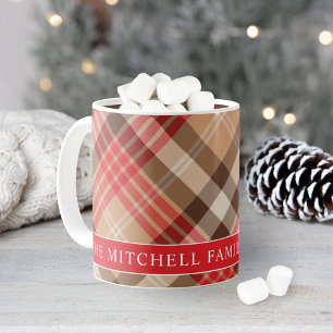 Red Tan Tartan Plaid Family Monogram Coffee Mug
