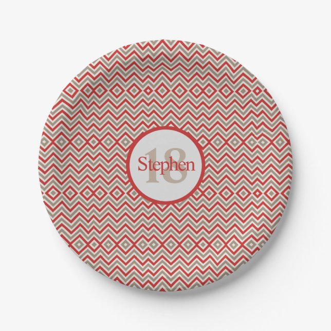Red Tan White Chevron Birthday Party Paper Plate (Front)