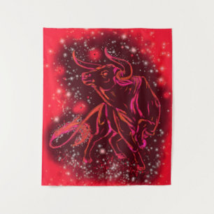Red Tapestry with Bull Running In Starry Night