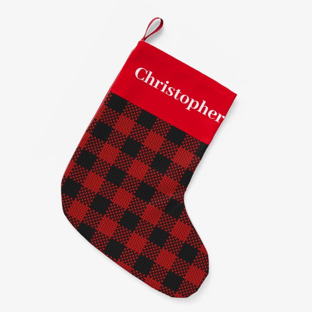 Red Tartan Check with Monogram for Him Small Christmas Stocking (Front (Hanging))