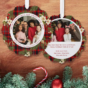 Red Tartan Christmas Family Photo Floral Keepsake Ornament Card