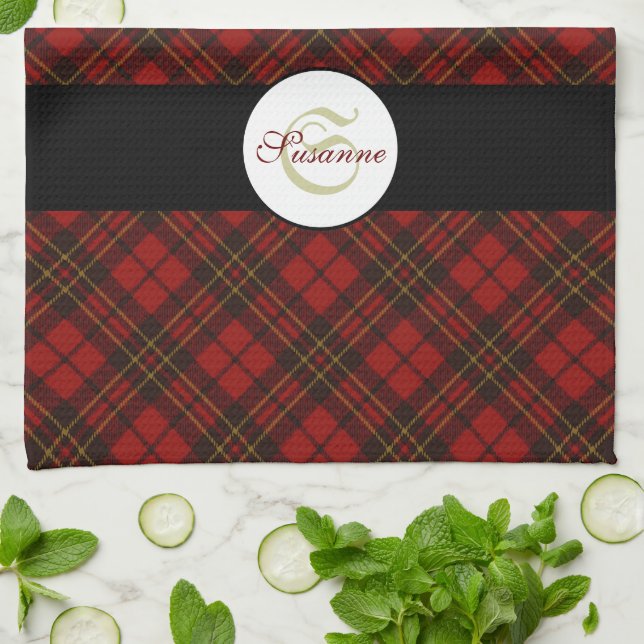 Red tartan Christmas plaid winter pattern Monogram Kitchen Towel (Folded)