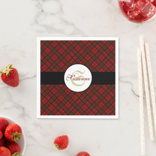 Red tartan Christmas plaid winter pattern Monogram Napkin