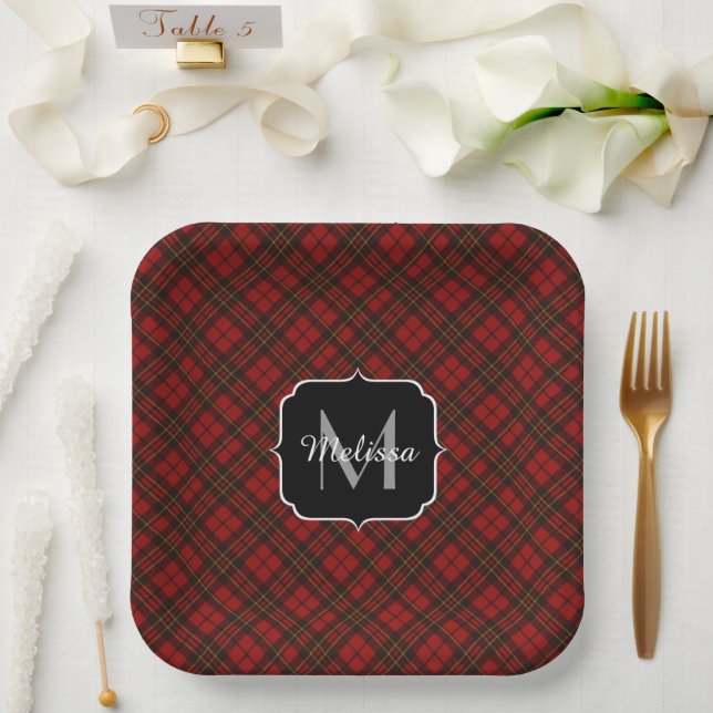 Red tartan Christmas plaid winter pattern Monogram Paper Plate (Wedding)