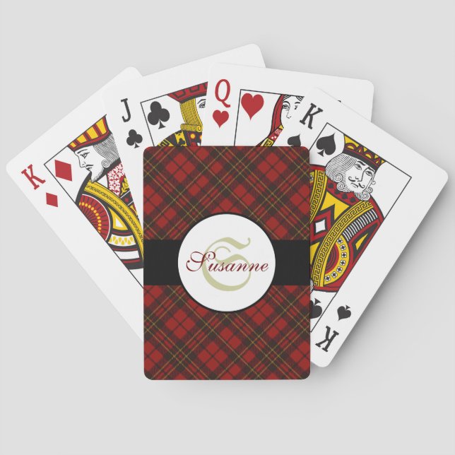 Red tartan Christmas plaid winter pattern Monogram Playing Cards (Back)