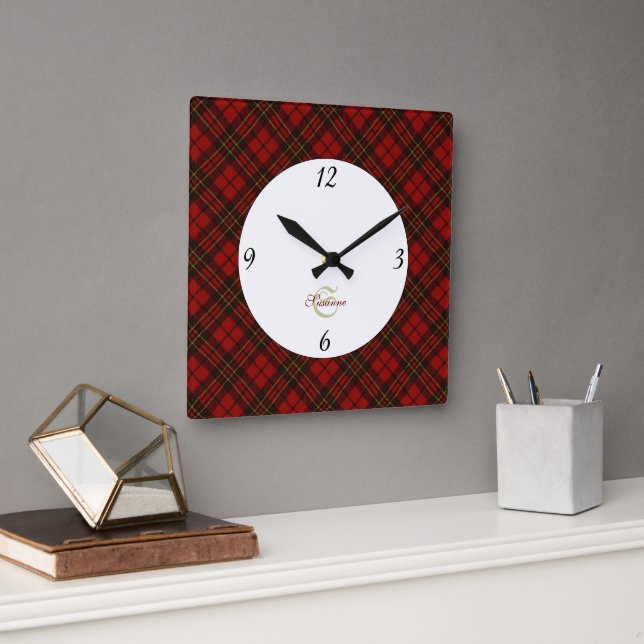 Red tartan Christmas plaid winter pattern Monogram Square Wall Clock (Office)