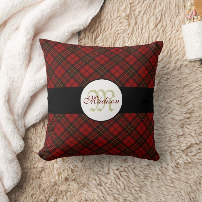 Red tartan Christmas plaid winter pattern Monogram Throw Pillow (Blanket)