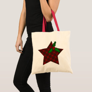 Red tartan Christmas plaid winter Star Holly twig Tote Bag