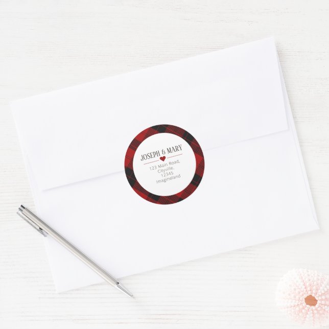 Red Tartan Christmas return address Classic Round Sticker (Envelope)