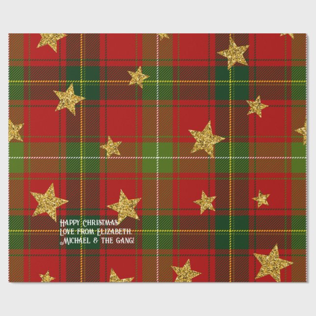 Red Tartan Gold Star Personalized Christmas Wrapping Paper (Flat)