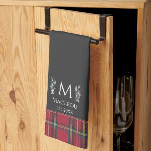 Red Tartan Personalized Monogram UK British Black Kitchen Towel