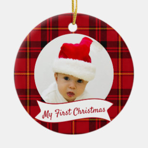 Red Tartan Plaid Baby's First Christmas Photo Ceramic Ornament