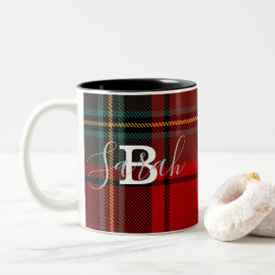 Red Tartan Plaid Chequered Scotland Monogram Name Two-Tone Coffee Mug