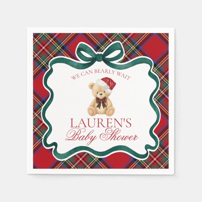 Red Tartan Plaid Christmas Bear Baby Shower Napkin (Front)