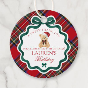 Red Tartan Plaid Christmas Bear Birthday Circle Favour Tags