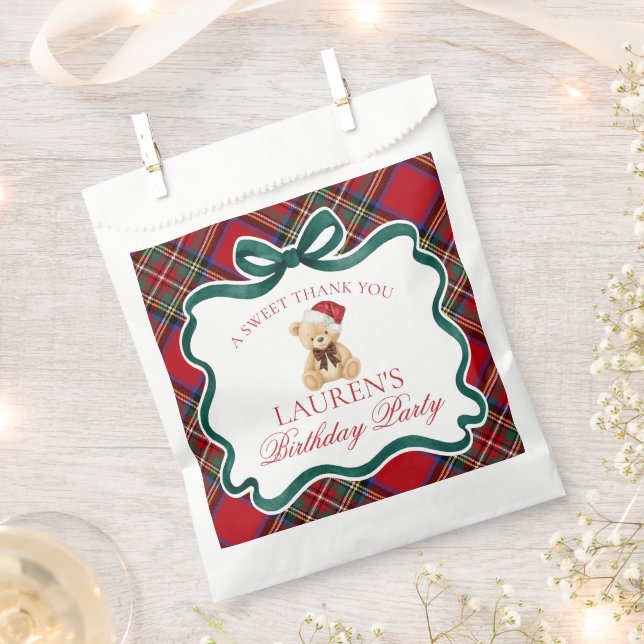 Red Tartan Plaid Christmas Bear Birthday Dessert Favour Bag (Clipped)