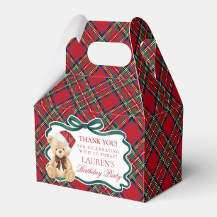 Red Tartan Plaid Christmas Bear Birthday Favor Box