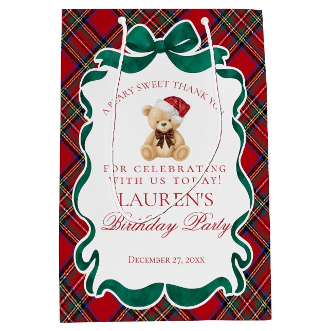 Red Tartan Plaid Christmas Bear Birthday Favors Medium Gift Bag (Front)