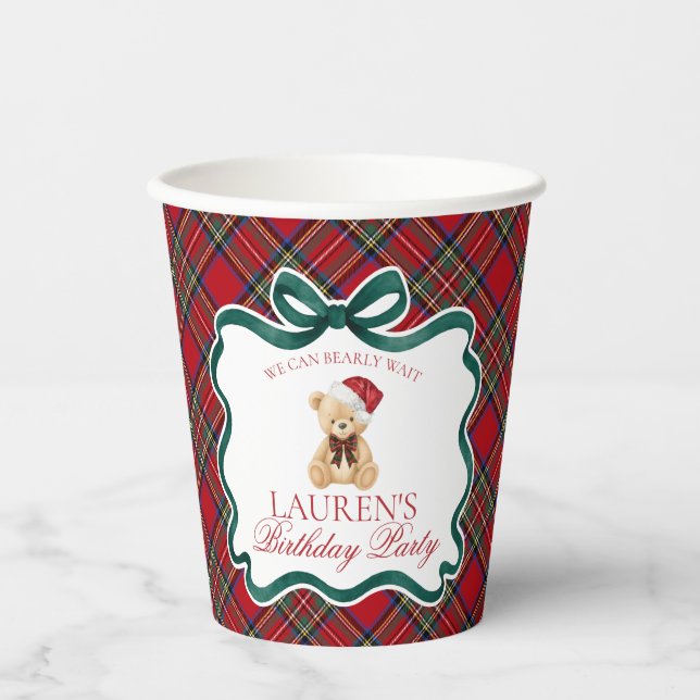 Red Tartan Plaid Christmas Bear Birthday Party Paper Cups (Front)