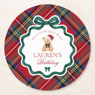 Red Tartan Plaid Christmas Bear Birthday Party Round Paper Coaster