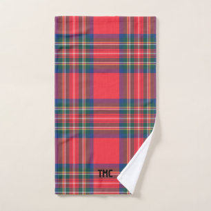 Red Tartan Plaid Christmas Holiday Initials Preppy Hand Towel