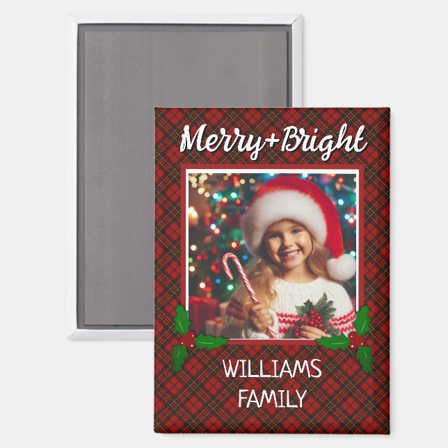 Red tartan plaid Custom photo Christmas Magnet (Front/Back)