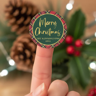 Red Tartan Plaid Gold Script Merry Christmas Classic Round Sticker