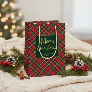 Red Tartan Plaid Gold Script Merry Christmas Medium Gift Bag