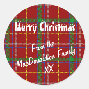 Red tartan plaid Merry Xmas Classic Round Sticker