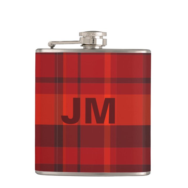 Red Tartan Plaid Monogram Hip Flask (Front)