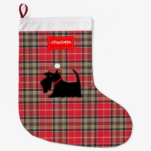 Red Tartan Plaid Pattern Scottish Terrier Dog Large Christmas Stocking
