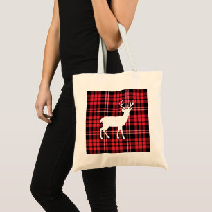 Red Tartan Plaid Pattern White Christmas Deer Stag Tote Bag