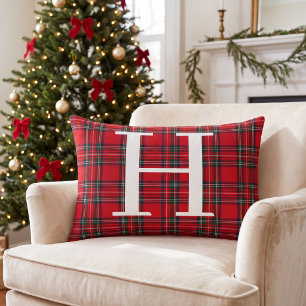 Red Tartan Plaid Personalized Monogram Christmas Lumbar Pillow