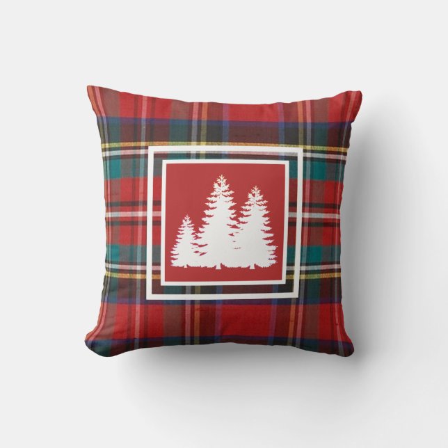 Red Tartan Plaid  With  Pine Tree Silhouette Throw Pillow (Front)