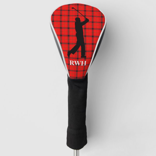 Red Tartan with Golfer Monogrammed Golf Head Cover (Front)
