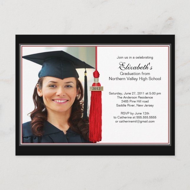 Red Tassel Photo Graduation Party Invitation Postcard (Front)