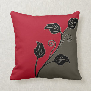 Red Taupe Black Leafy Floral Vine Throw Pillow
