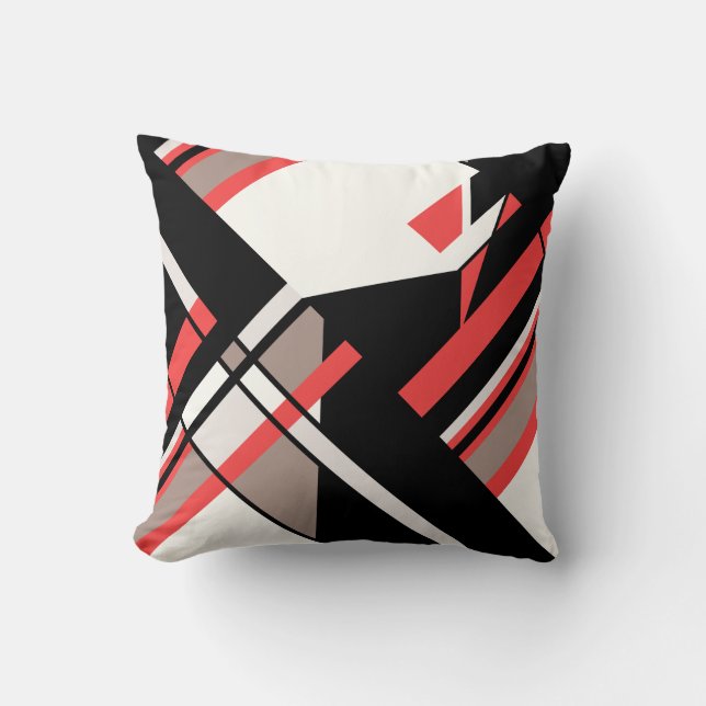 Red Taupe Black White Diagonal Geometric Design Throw Pillow (Front)