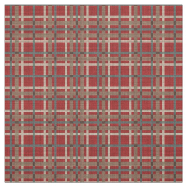 Red Taupe Brown Teal Blue Tartan Squares Pattern Fabric (Swatch)