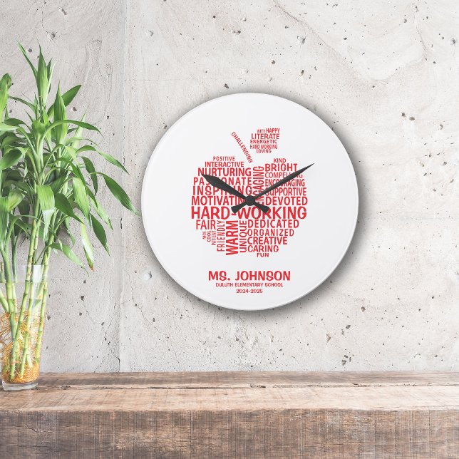 Red Teacher Appreciation Typography Apple Large Clock (Creator Uploaded)