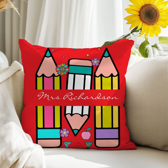 Red Teacher Colourful Pencil Name Throw Pillow (Creator Uploaded)