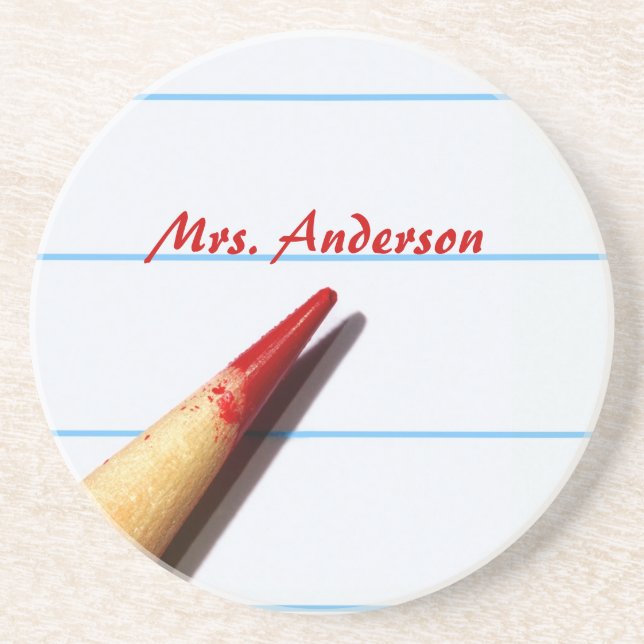 Red Teacher Pencil On Lined Paper With Name Coaster (Front)